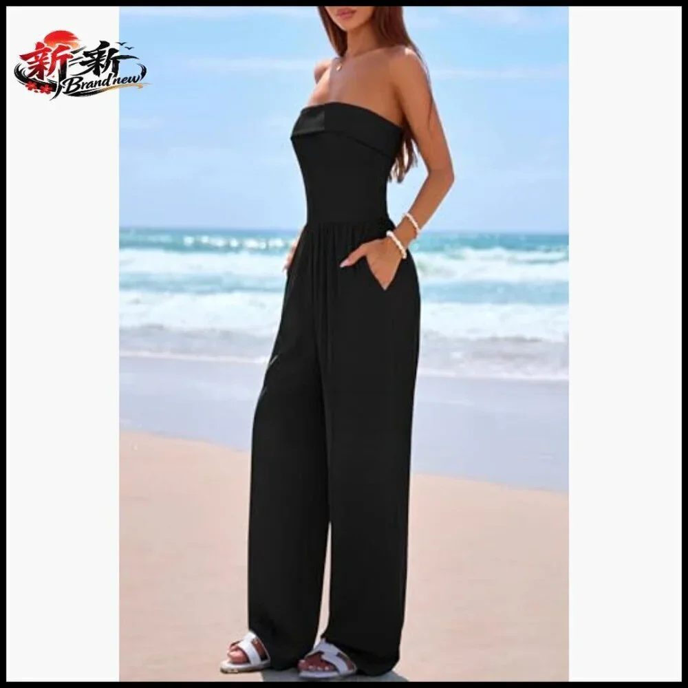 Strapless Wide Leg Jumpsuit, Polyester Elastane Knit, Formal Casual Romper
